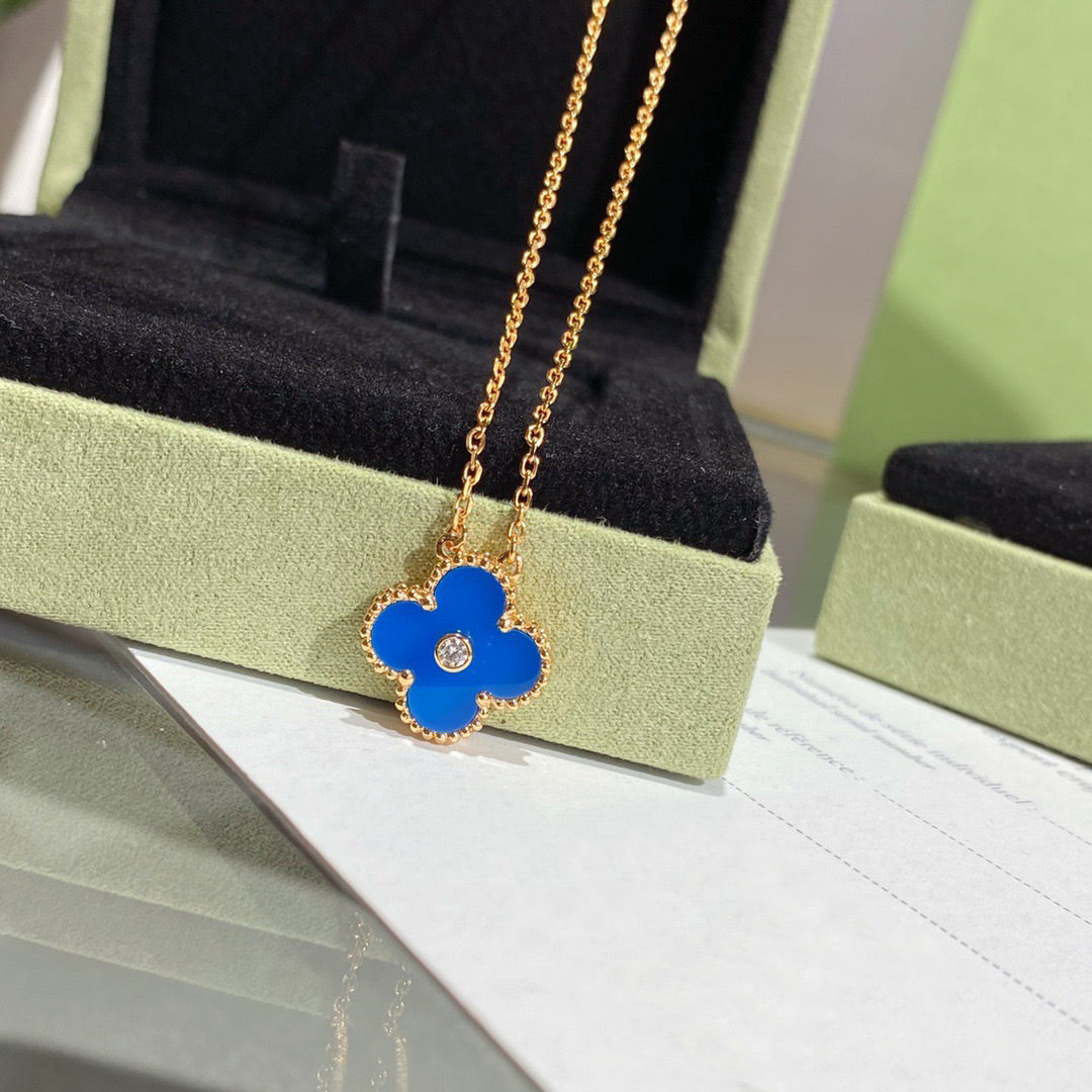 VCA CLOVER 15MM DIAMOND AND BLUE AGATE NECKLACE